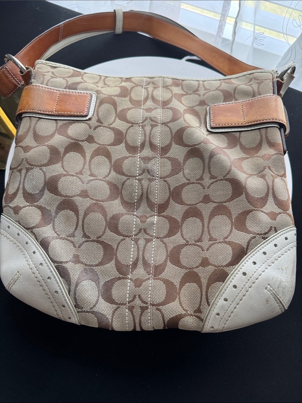 Coach Brown Signature Canvas Shoulder Bag with Tan and Cream Leather Accents - Picture 4 of 17